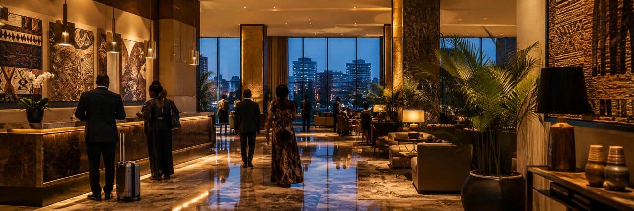 Upscale hotel lobby interior Kampala Uganda